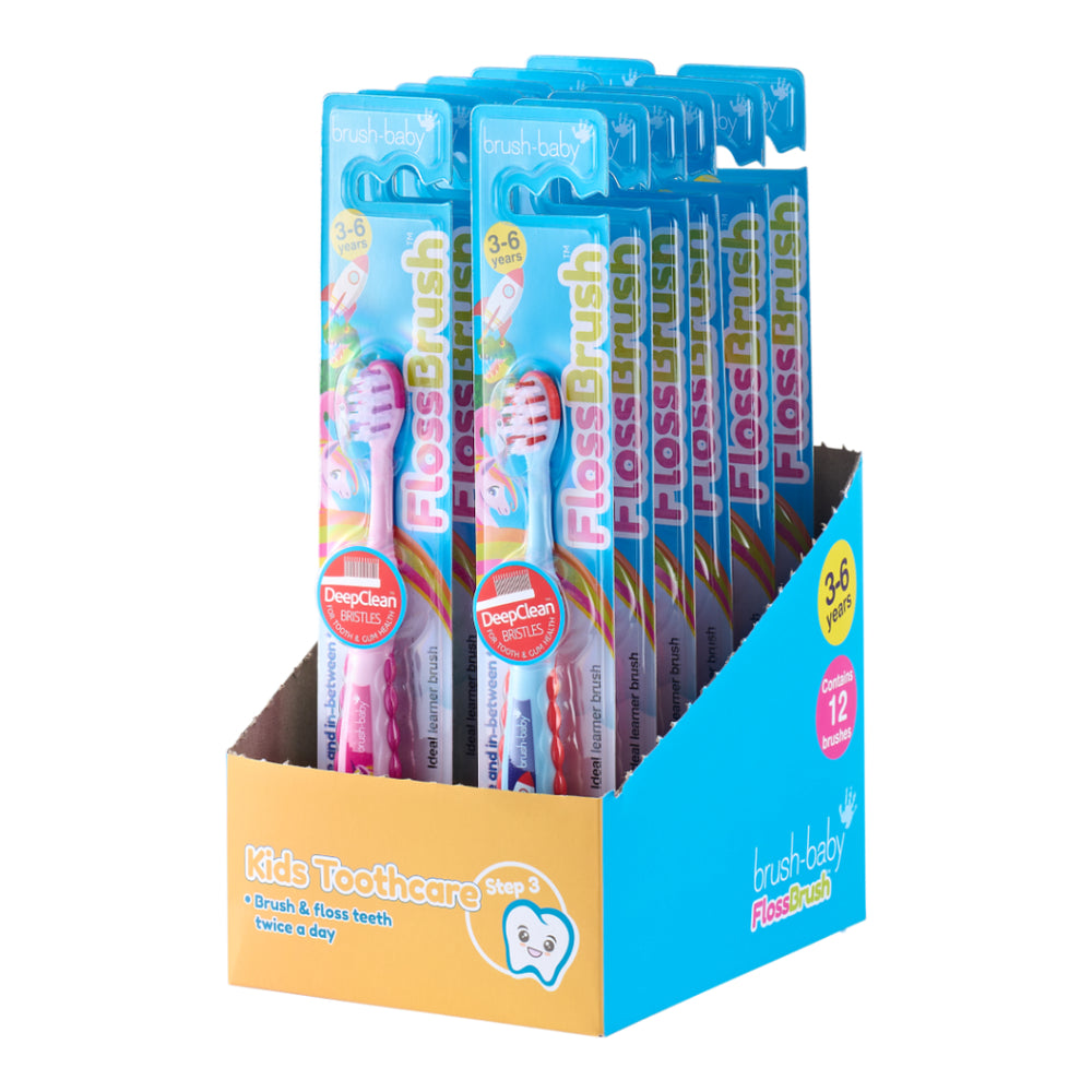 Multipack of Flossbrush tootbrushes in multiple of colours for 3-6 year olds