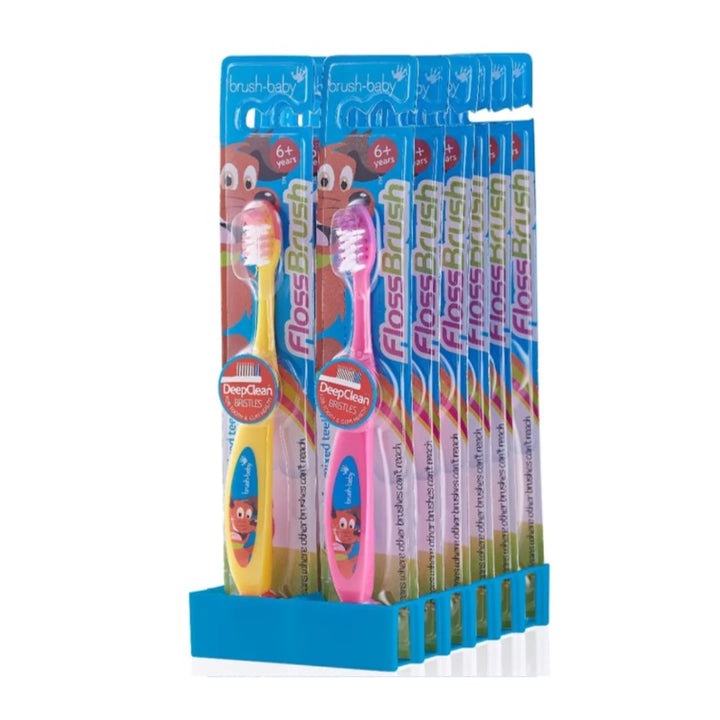 Display pack of multipack Flossbrushes in multiple colours for 6 years and older