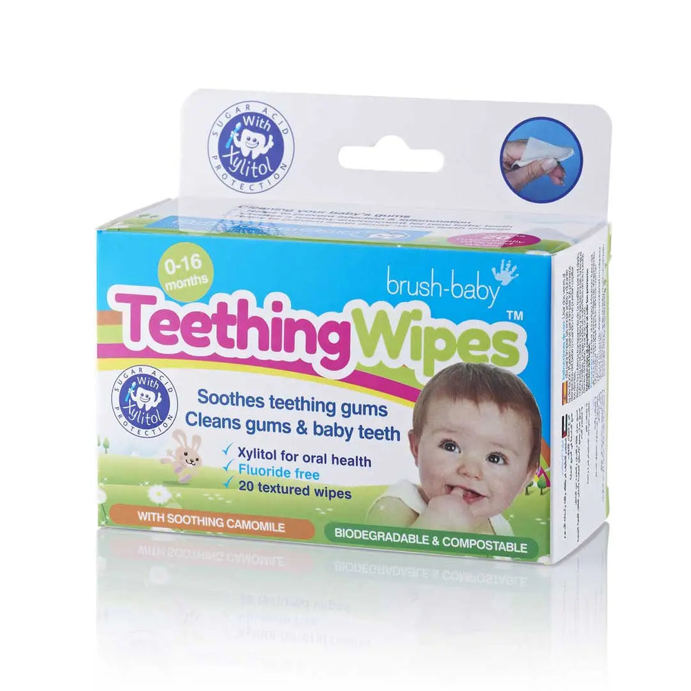 box of finger sleeve wrapped biodegradable & compostable teething wipes