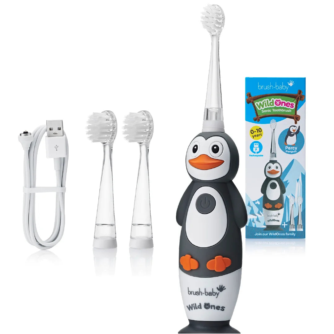 WildOnes Tribe grey and white percy penguin rechargeable toothbrush with box packaging, replacement brush heads and usb charging cable