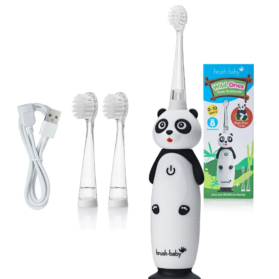 Black and white WildOnes Pan Pan the Panda rechargeable toothbrush includes 2 additional replacement brush heads and 2 metre usb charging cable