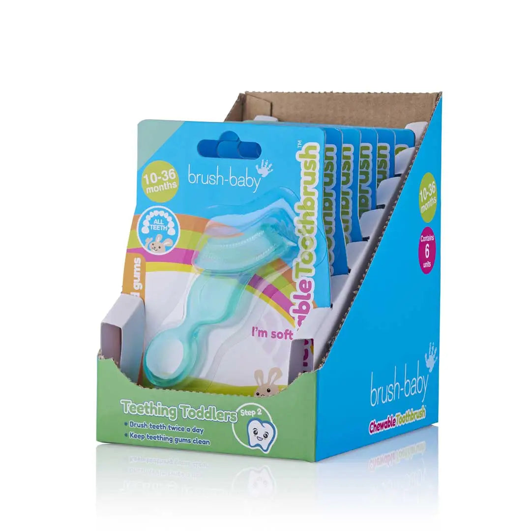 display box of Brushbaby innovative soft chewable toothbrush in Teal