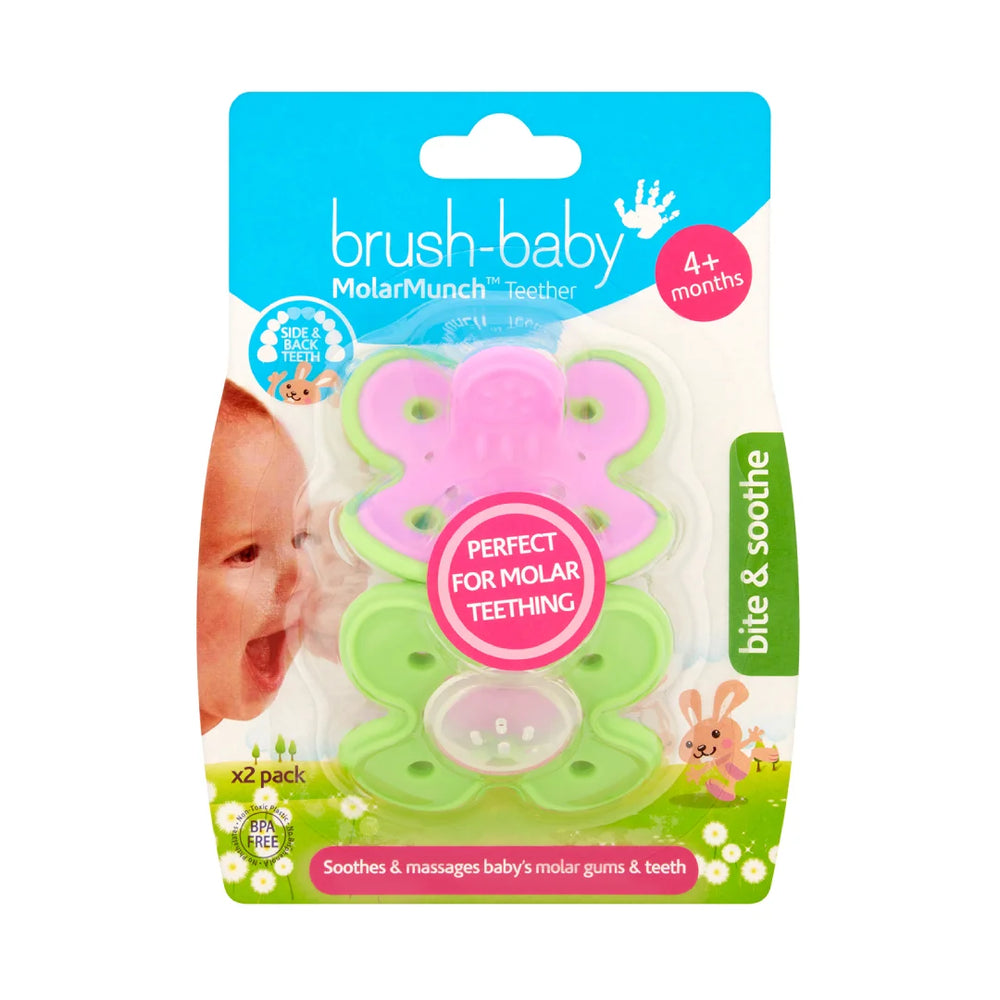 pack of 2 pink and green brush-baby molar munch teethers